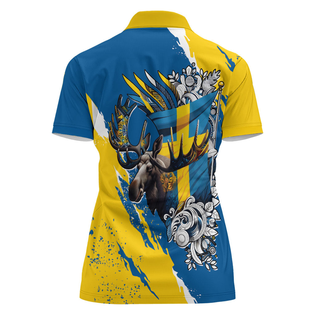 Sweden Flag Day Women Polo Shirt Majestic Elk Floral Nordic Heritage