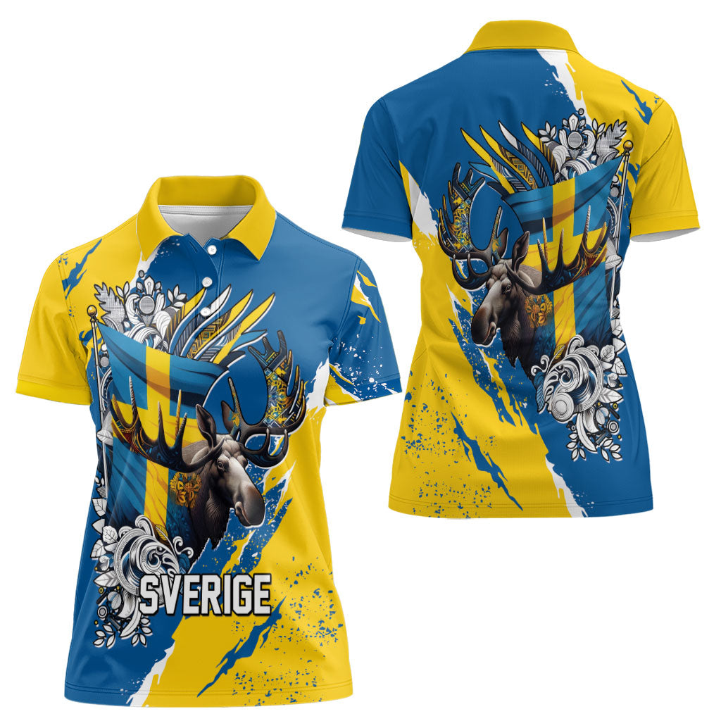 Sweden Flag Day Women Polo Shirt Majestic Elk Floral Nordic Heritage