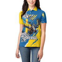 Sweden Flag Day Women Polo Shirt Majestic Elk Floral Nordic Heritage