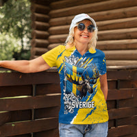 Sweden Flag Day Women Polo Shirt Majestic Elk Floral Nordic Heritage