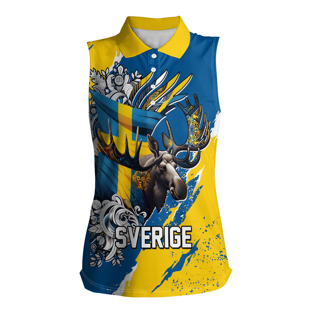 Sweden Flag Day Women Sleeveless Polo Shirt Majestic Elk Floral Nordic Heritage