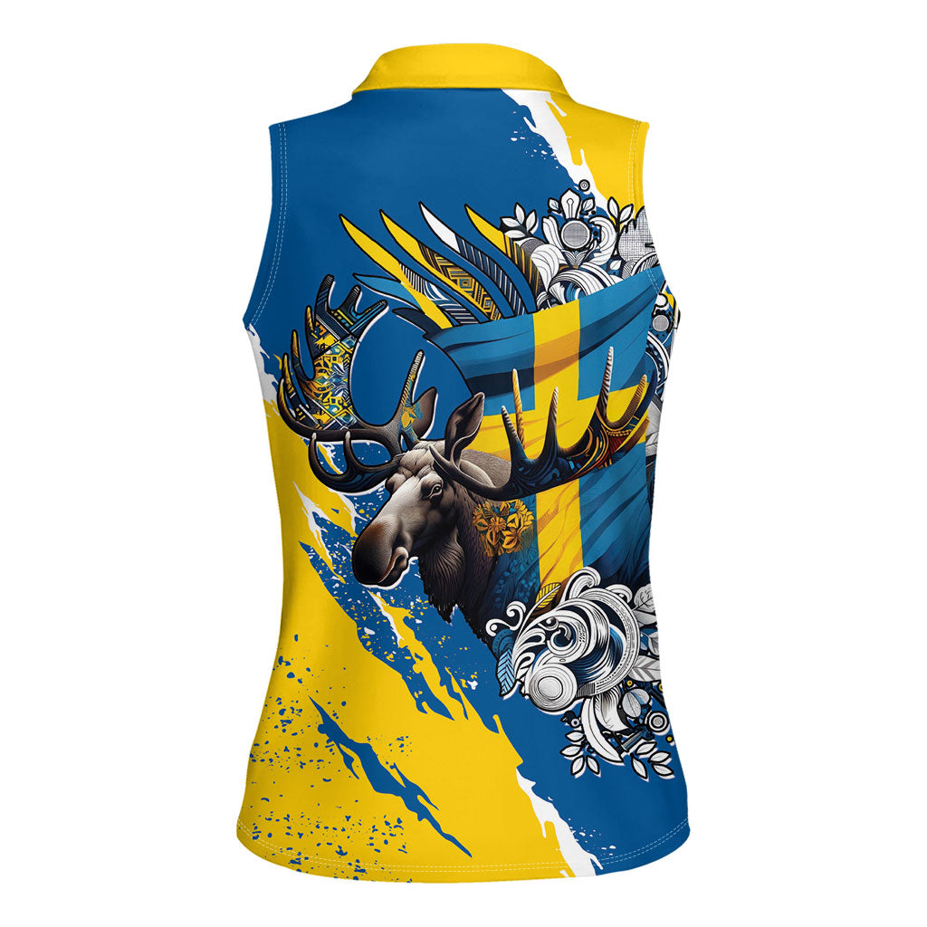 Sweden Flag Day Women Sleeveless Polo Shirt Majestic Elk Floral Nordic Heritage