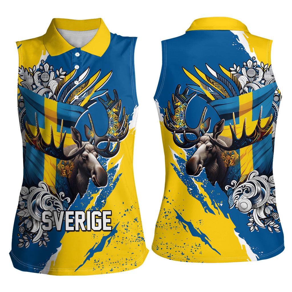 Sweden Flag Day Women Sleeveless Polo Shirt Majestic Elk Floral Nordic Heritage
