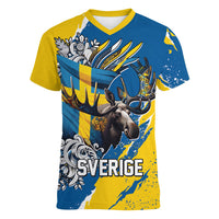 Sweden Flag Day Women V-Neck T-Shirt Majestic Elk Floral Nordic Heritage