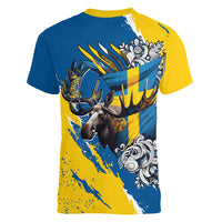 Sweden Flag Day Women V-Neck T-Shirt Majestic Elk Floral Nordic Heritage