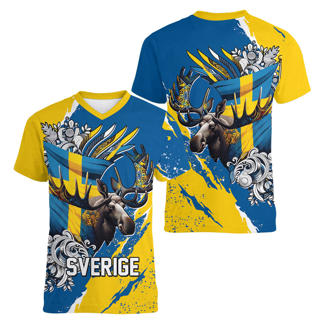 Sweden Flag Day Women V-Neck T-Shirt Majestic Elk Floral Nordic Heritage