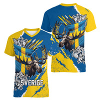 Sweden Flag Day Women V-Neck T-Shirt Majestic Elk Floral Nordic Heritage