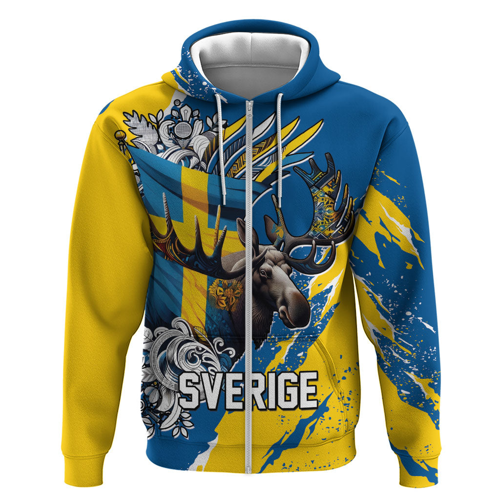 Sweden Flag Day Zip Hoodie Majestic Elk Floral Nordic Heritage