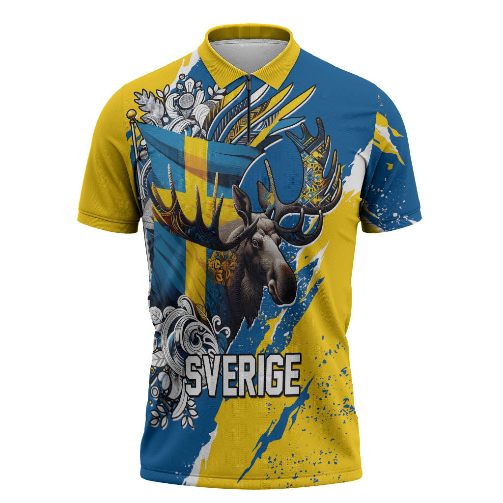 Sweden Flag Day Zipper Polo Shirt Majestic Elk Floral Nordic Heritage