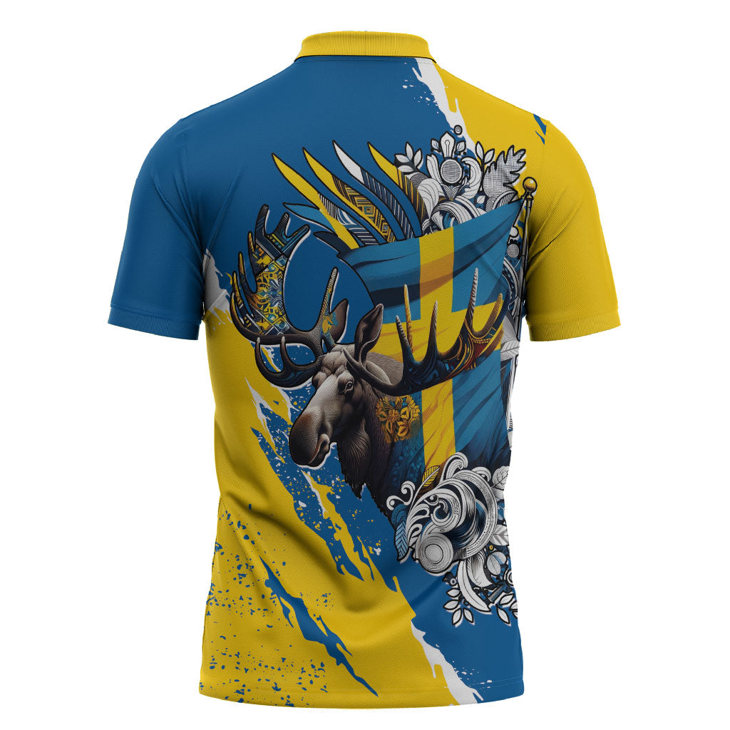 Sweden Flag Day Zipper Polo Shirt Majestic Elk Floral Nordic Heritage