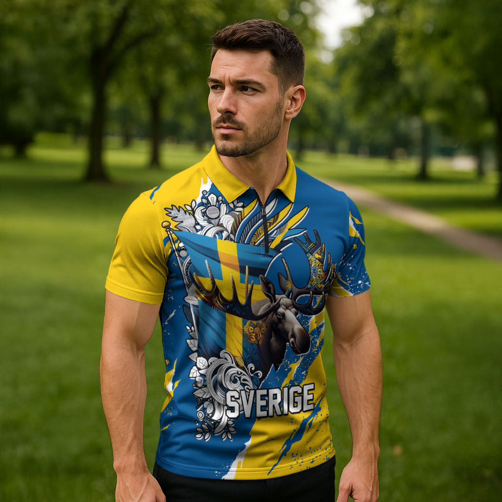 Sweden Flag Day Zipper Polo Shirt Majestic Elk Floral Nordic Heritage