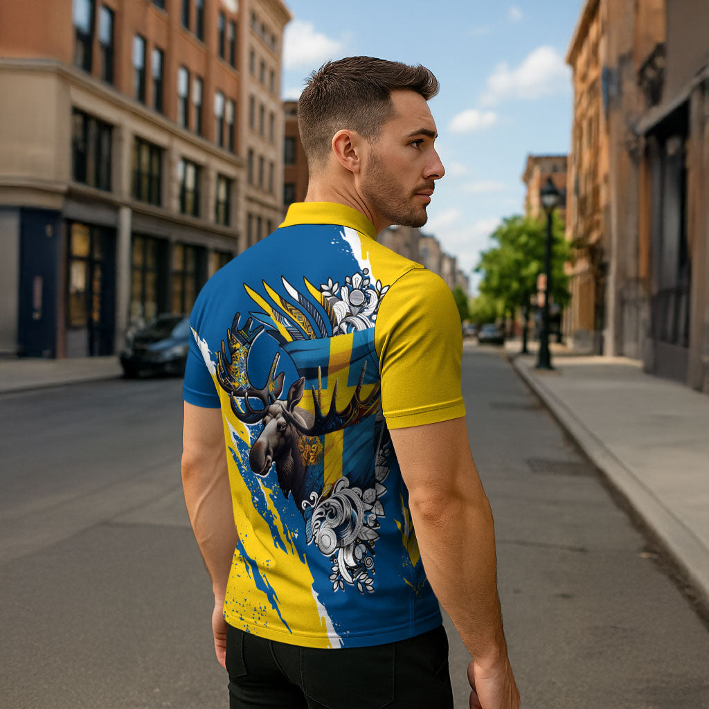 Sweden Flag Day Zipper Polo Shirt Majestic Elk Floral Nordic Heritage