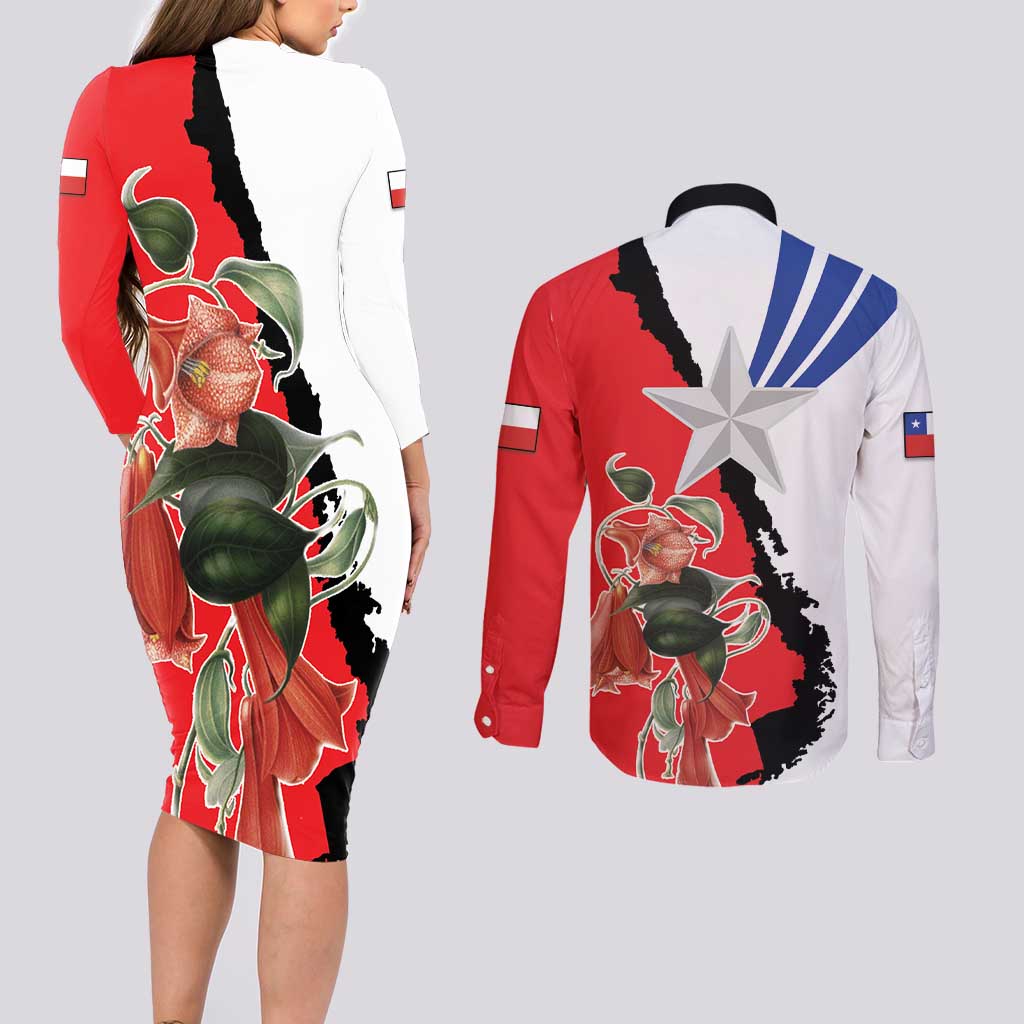 Chile Lapageria Rosea Couples Matching Long Sleeve Bodycon Dress and Long Sleeve Button Shirt With Flag Color - Wonder Print Shop