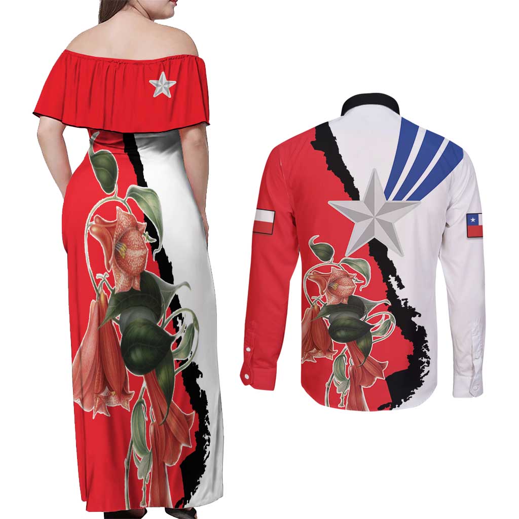 Chile Lapageria Rosea Couples Matching Off Shoulder Maxi Dress and Long Sleeve Button Shirt With Flag Color - Wonder Print Shop
