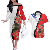Chile Lapageria Rosea Couples Matching Off The Shoulder Long Sleeve Dress and Hawaiian Shirt With Flag Color - Wonder Print Shop