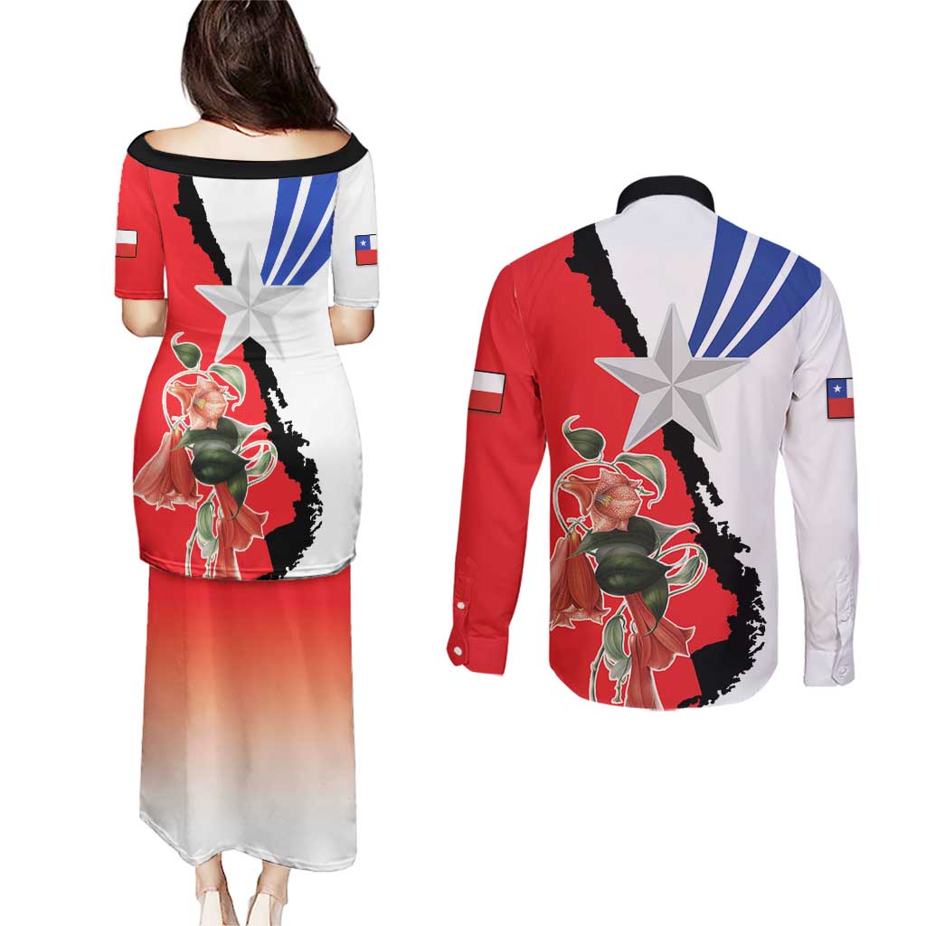 Chile Lapageria Rosea Couples Matching Puletasi and Long Sleeve Button Shirt With Flag Color - Wonder Print Shop