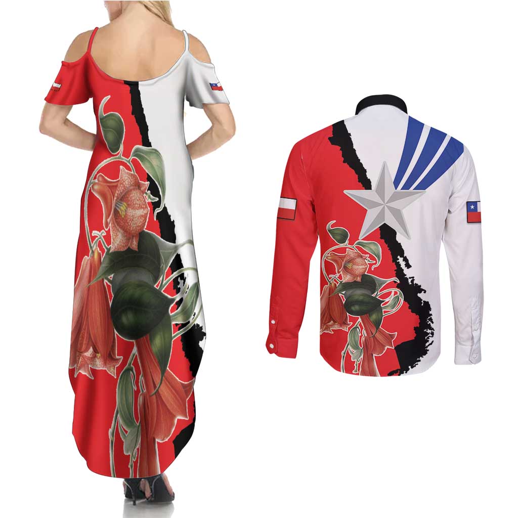 Chile Lapageria Rosea Couples Matching Summer Maxi Dress and Long Sleeve Button Shirt With Flag Color - Wonder Print Shop