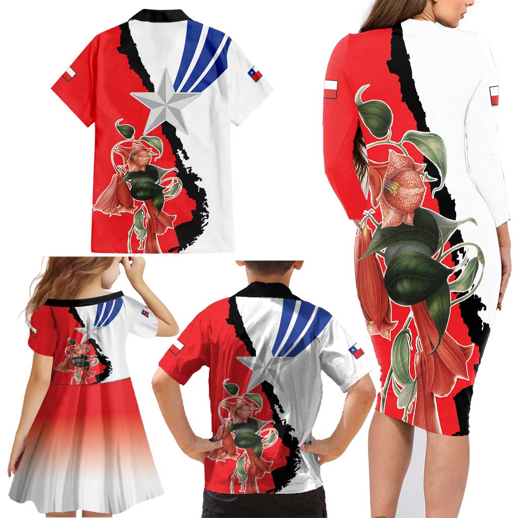 Chile Lapageria Rosea Family Matching Long Sleeve Bodycon Dress and Hawaiian Shirt With Flag Color - Wonder Print Shop