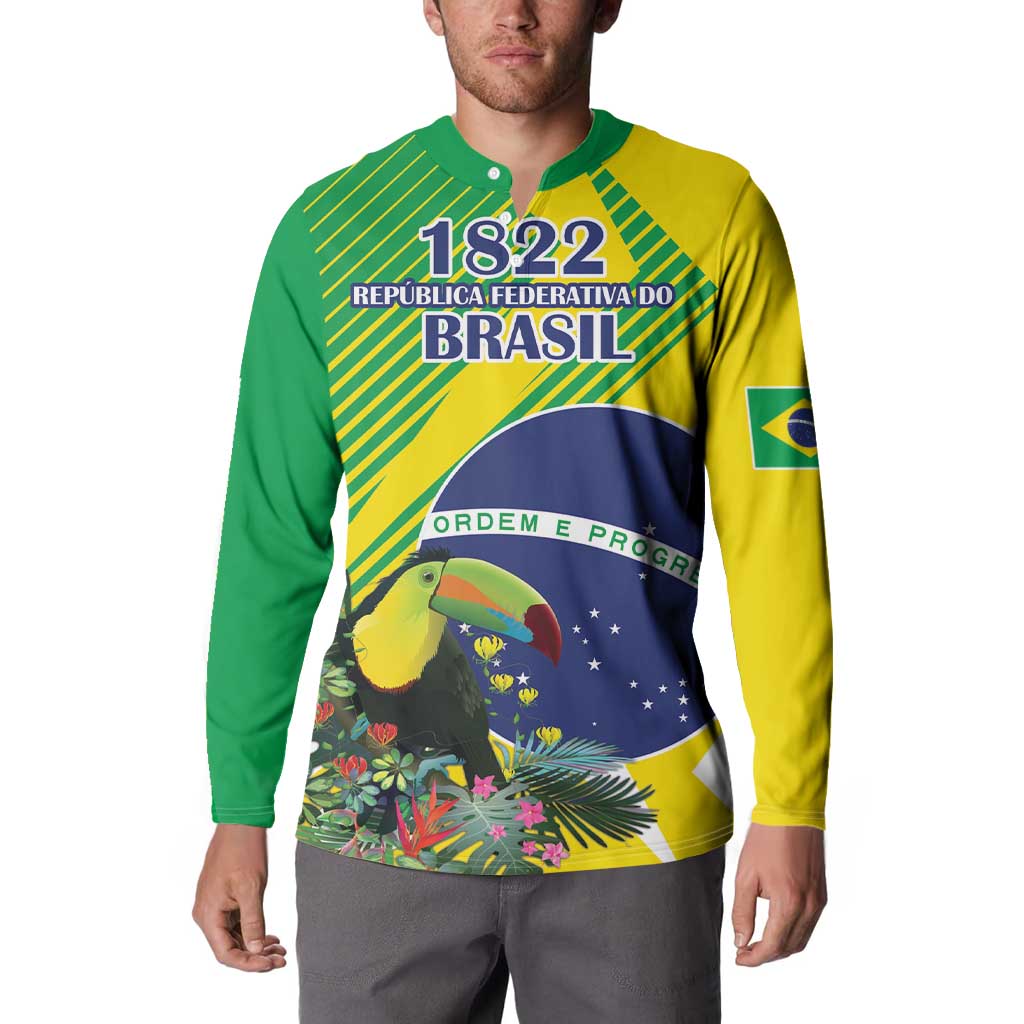 Custom Brazil Independence Day Button Sweatshirt Toco Toucan Ordem e Progresso - Wonder Print Shop