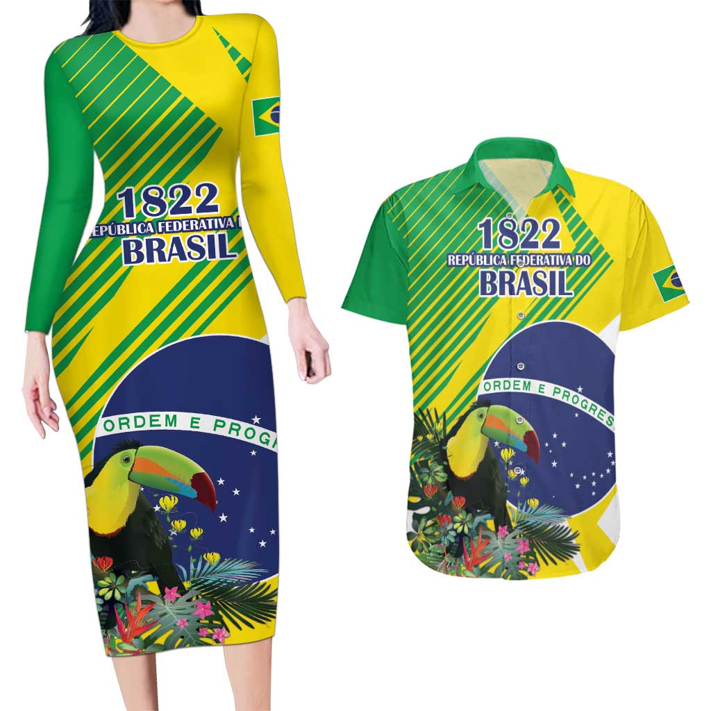 Custom Brazil Independence Day Couples Matching Long Sleeve Bodycon Dress and Hawaiian Shirt Toco Toucan Ordem e Progresso - Wonder Print Shop