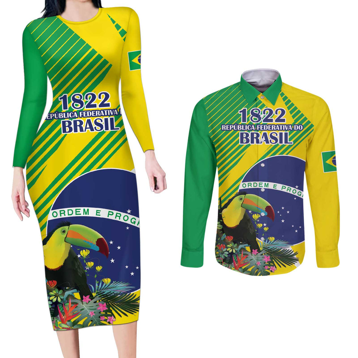 Custom Brazil Independence Day Couples Matching Long Sleeve Bodycon Dress and Long Sleeve Button Shirt Toco Toucan Ordem e Progresso - Wonder Print Shop