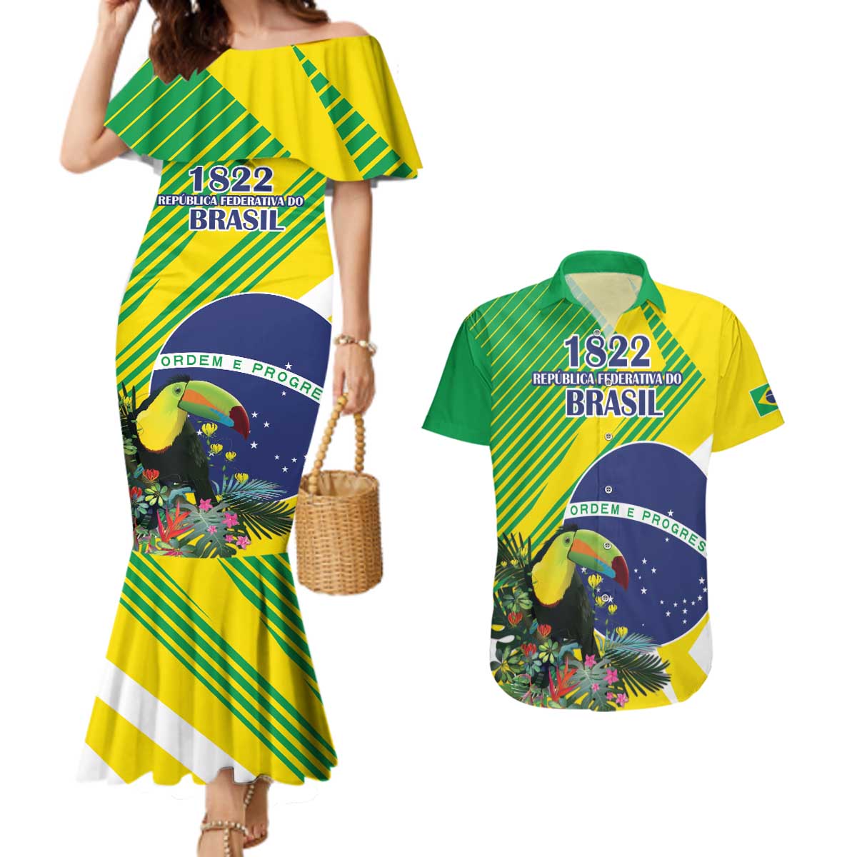 Custom Brazil Independence Day Couples Matching Mermaid Dress and Hawaiian Shirt Toco Toucan Ordem e Progresso - Wonder Print Shop