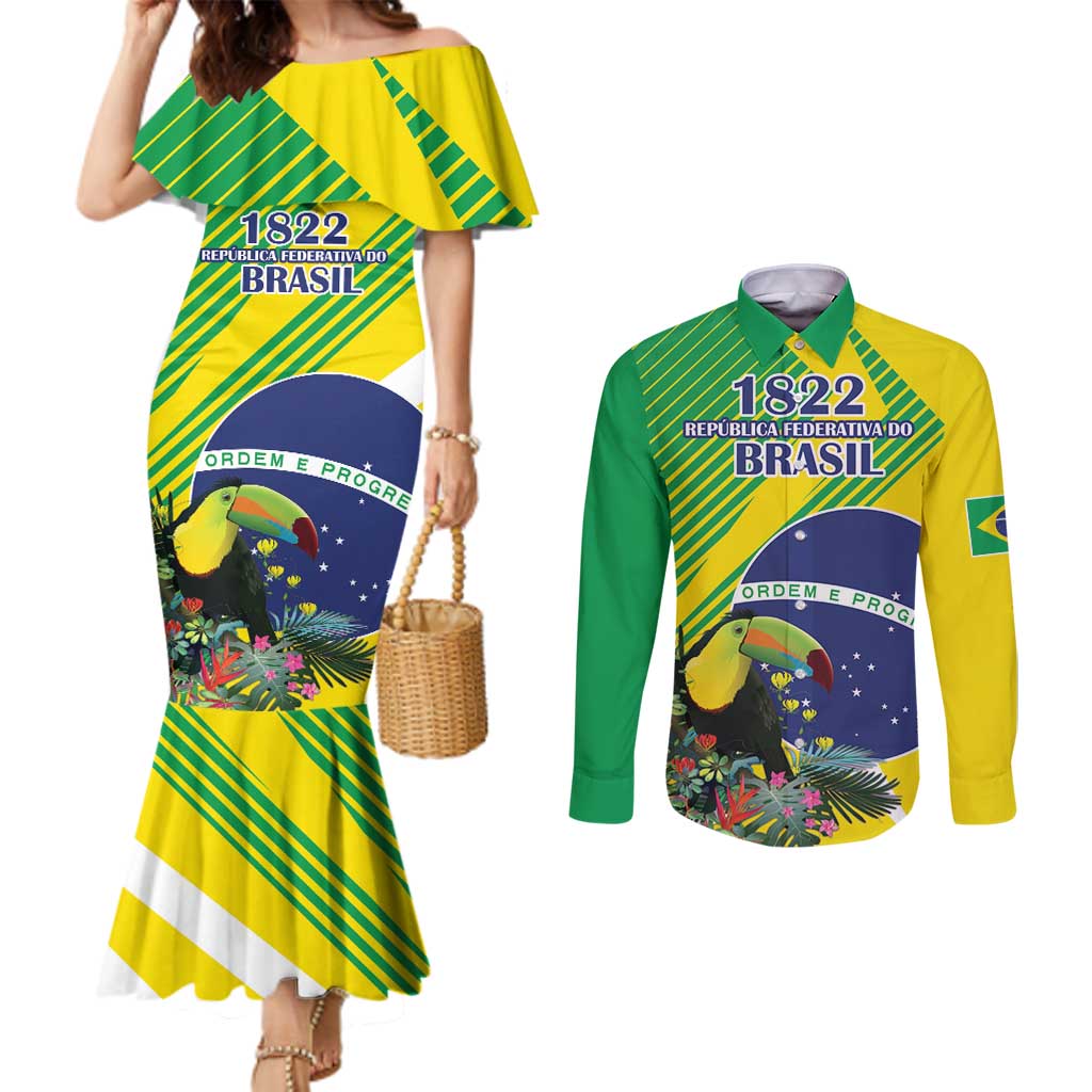 Custom Brazil Independence Day Couples Matching Mermaid Dress and Long Sleeve Button Shirt Toco Toucan Ordem e Progresso