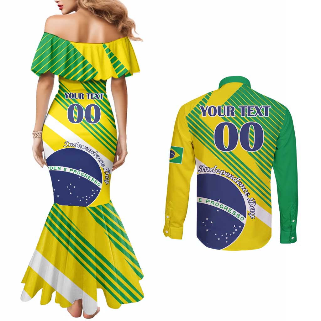 Custom Brazil Independence Day Couples Matching Mermaid Dress and Long Sleeve Button Shirt Toco Toucan Ordem e Progresso