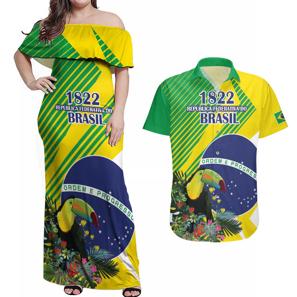 Custom Brazil Independence Day Couples Matching Off Shoulder Maxi Dress and Hawaiian Shirt Toco Toucan Ordem e Progresso - Wonder Print Shop