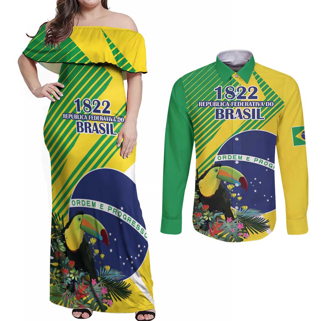 Custom Brazil Independence Day Couples Matching Off Shoulder Maxi Dress and Long Sleeve Button Shirt Toco Toucan Ordem e Progresso - Wonder Print Shop