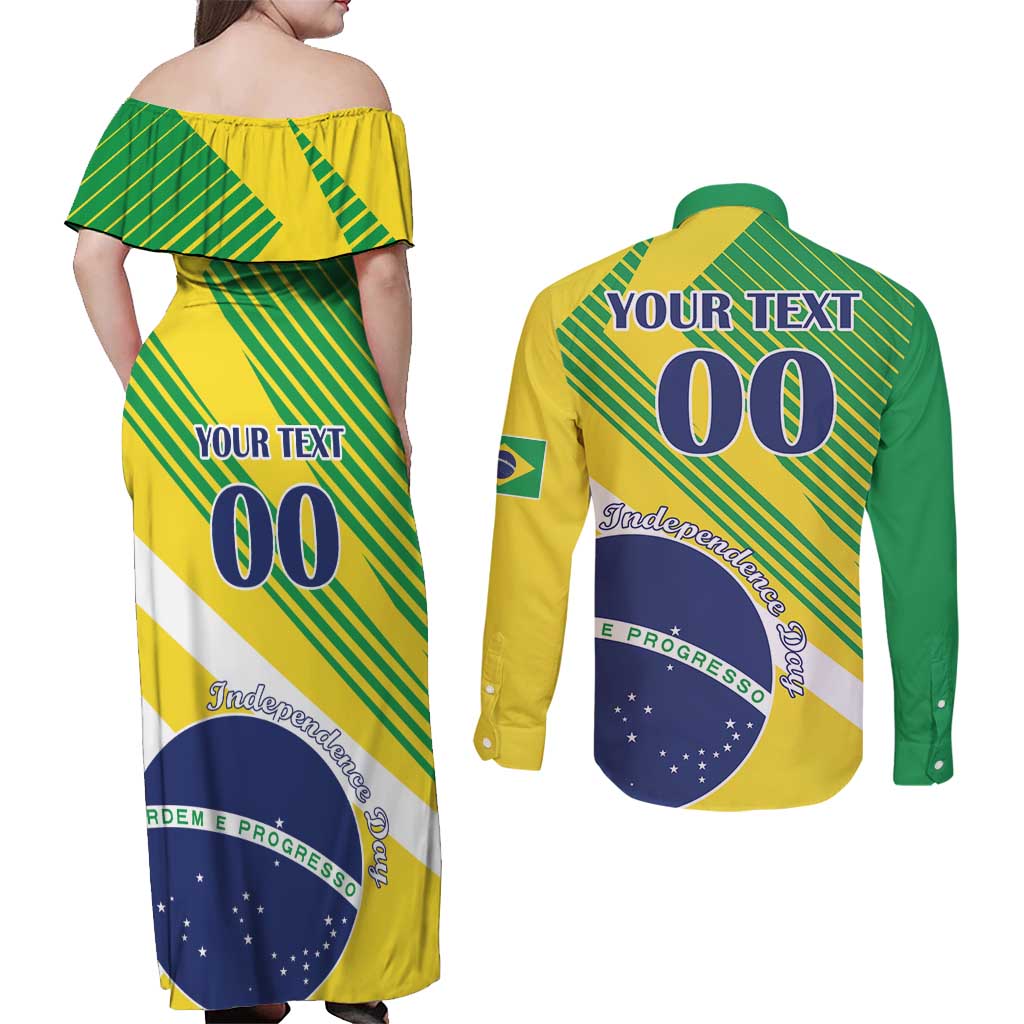 Custom Brazil Independence Day Couples Matching Off Shoulder Maxi Dress and Long Sleeve Button Shirt Toco Toucan Ordem e Progresso - Wonder Print Shop