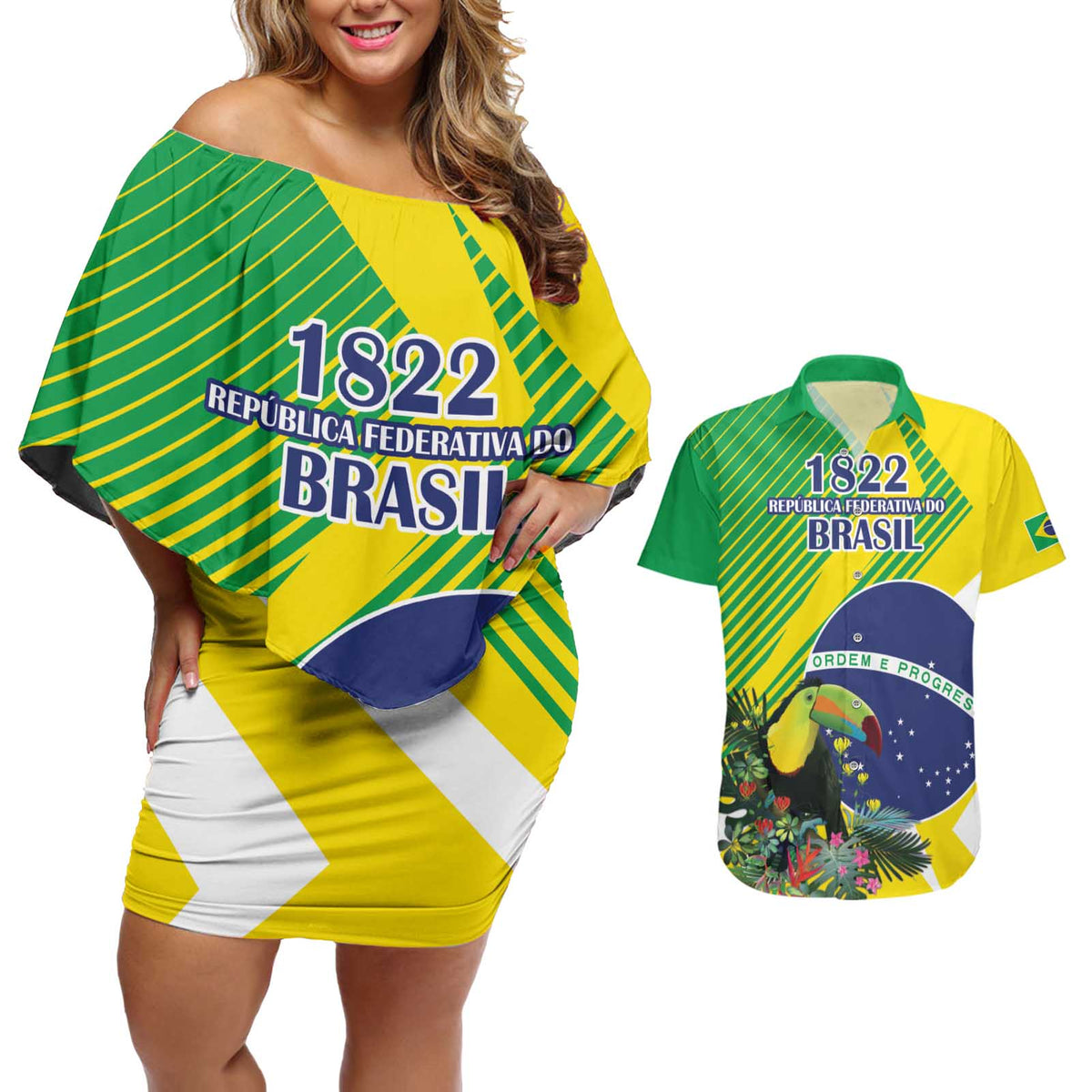 Custom Brazil Independence Day Couples Matching Off Shoulder Short Dress and Hawaiian Shirt Toco Toucan Ordem e Progresso - Wonder Print Shop