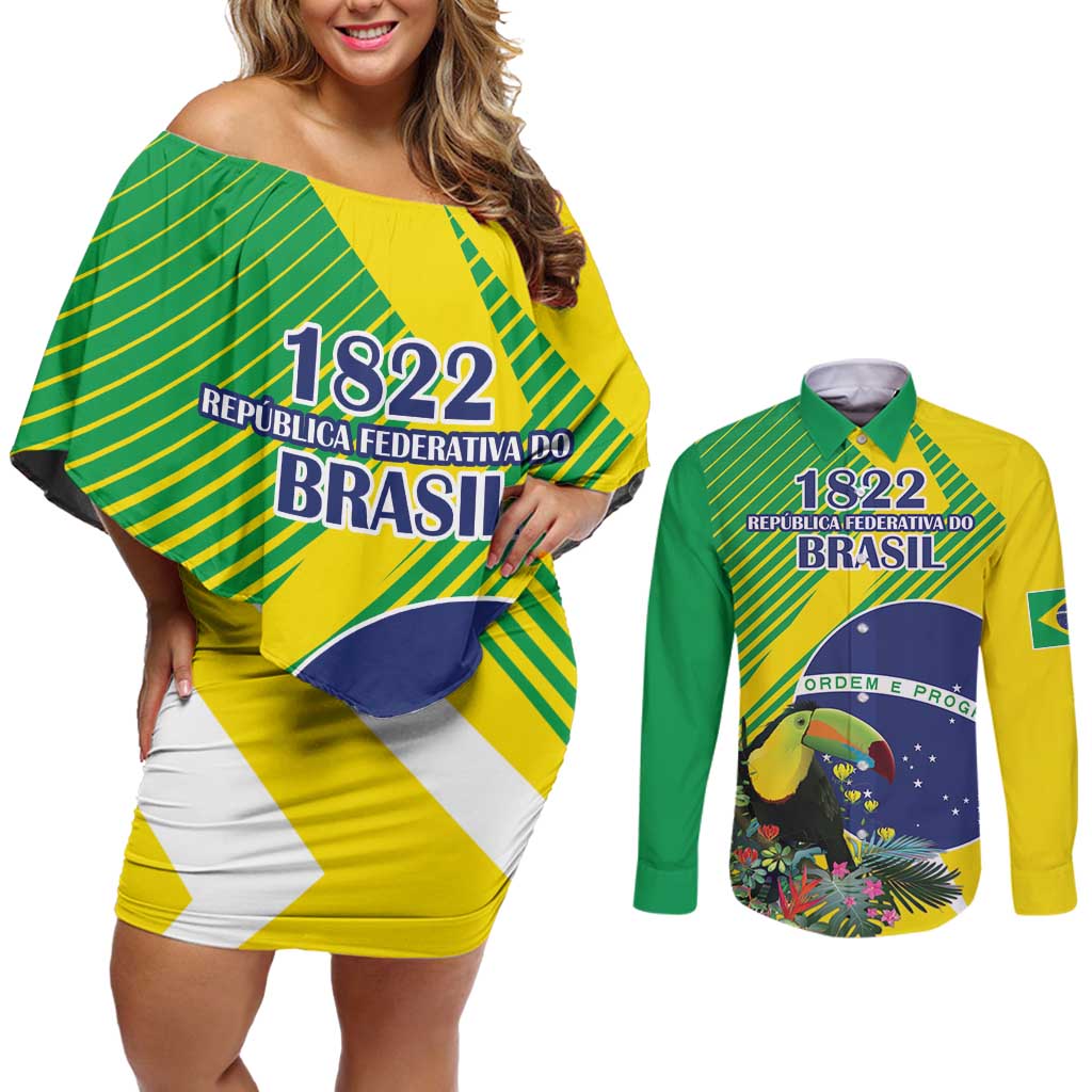 Custom Brazil Independence Day Couples Matching Off Shoulder Short Dress and Long Sleeve Button Shirt Toco Toucan Ordem e Progresso - Wonder Print Shop