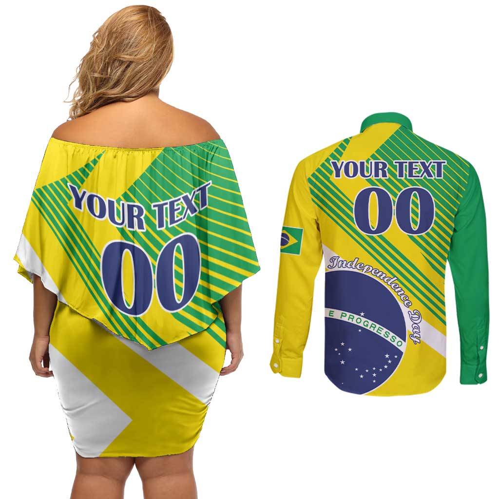 Custom Brazil Independence Day Couples Matching Off Shoulder Short Dress and Long Sleeve Button Shirt Toco Toucan Ordem e Progresso - Wonder Print Shop