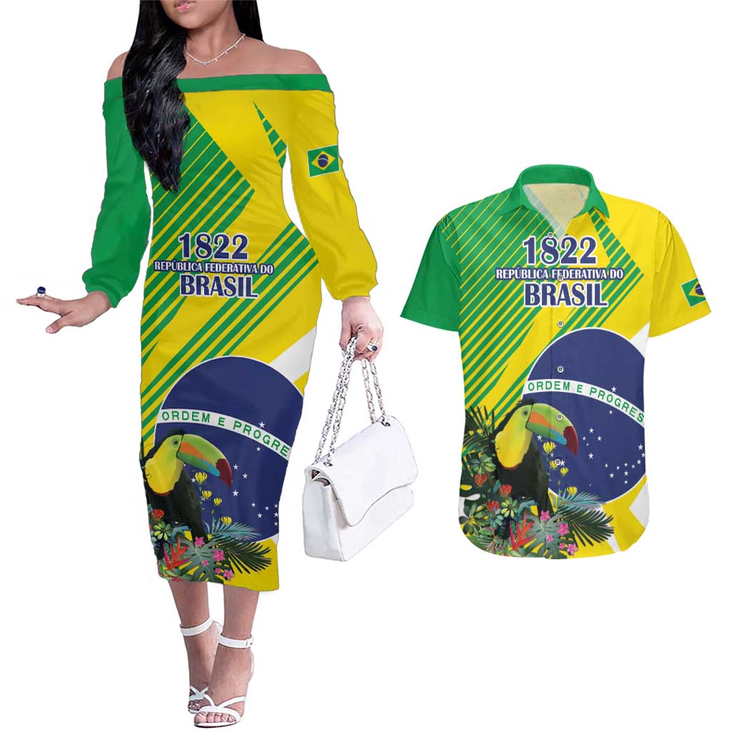 Custom Brazil Independence Day Couples Matching Off The Shoulder Long Sleeve Dress and Hawaiian Shirt Toco Toucan Ordem e Progresso - Wonder Print Shop