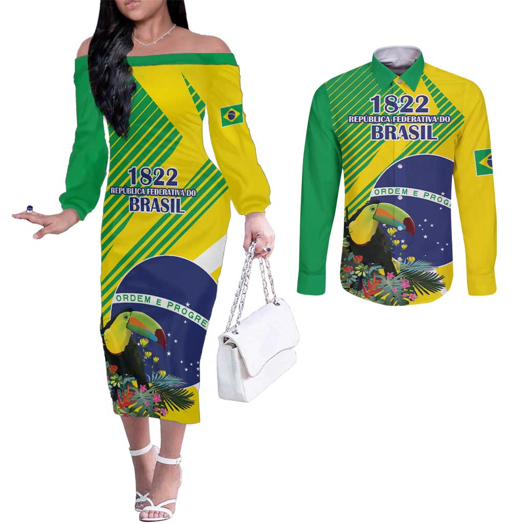 Custom Brazil Independence Day Couples Matching Off The Shoulder Long Sleeve Dress and Long Sleeve Button Shirt Toco Toucan Ordem e Progresso