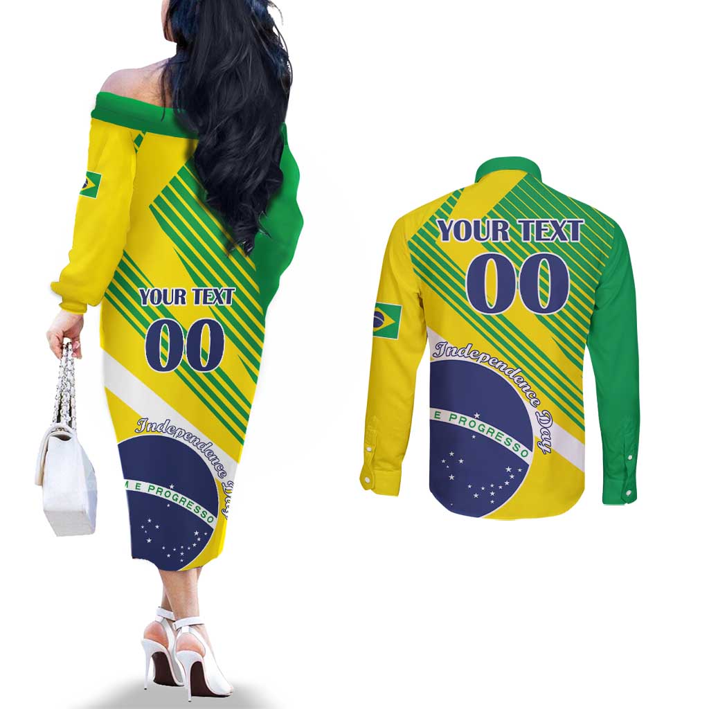 Custom Brazil Independence Day Couples Matching Off The Shoulder Long Sleeve Dress and Long Sleeve Button Shirt Toco Toucan Ordem e Progresso