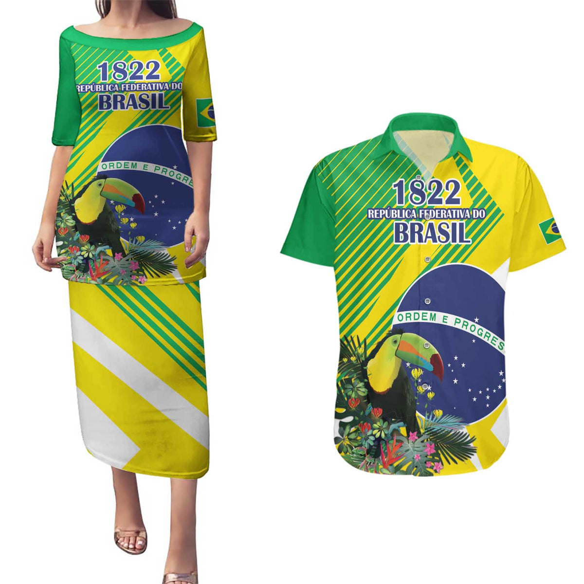 Custom Brazil Independence Day Couples Matching Puletasi and Hawaiian Shirt Toco Toucan Ordem e Progresso - Wonder Print Shop