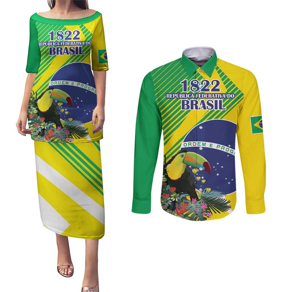 Custom Brazil Independence Day Couples Matching Puletasi and Long Sleeve Button Shirt Toco Toucan Ordem e Progresso - Wonder Print Shop