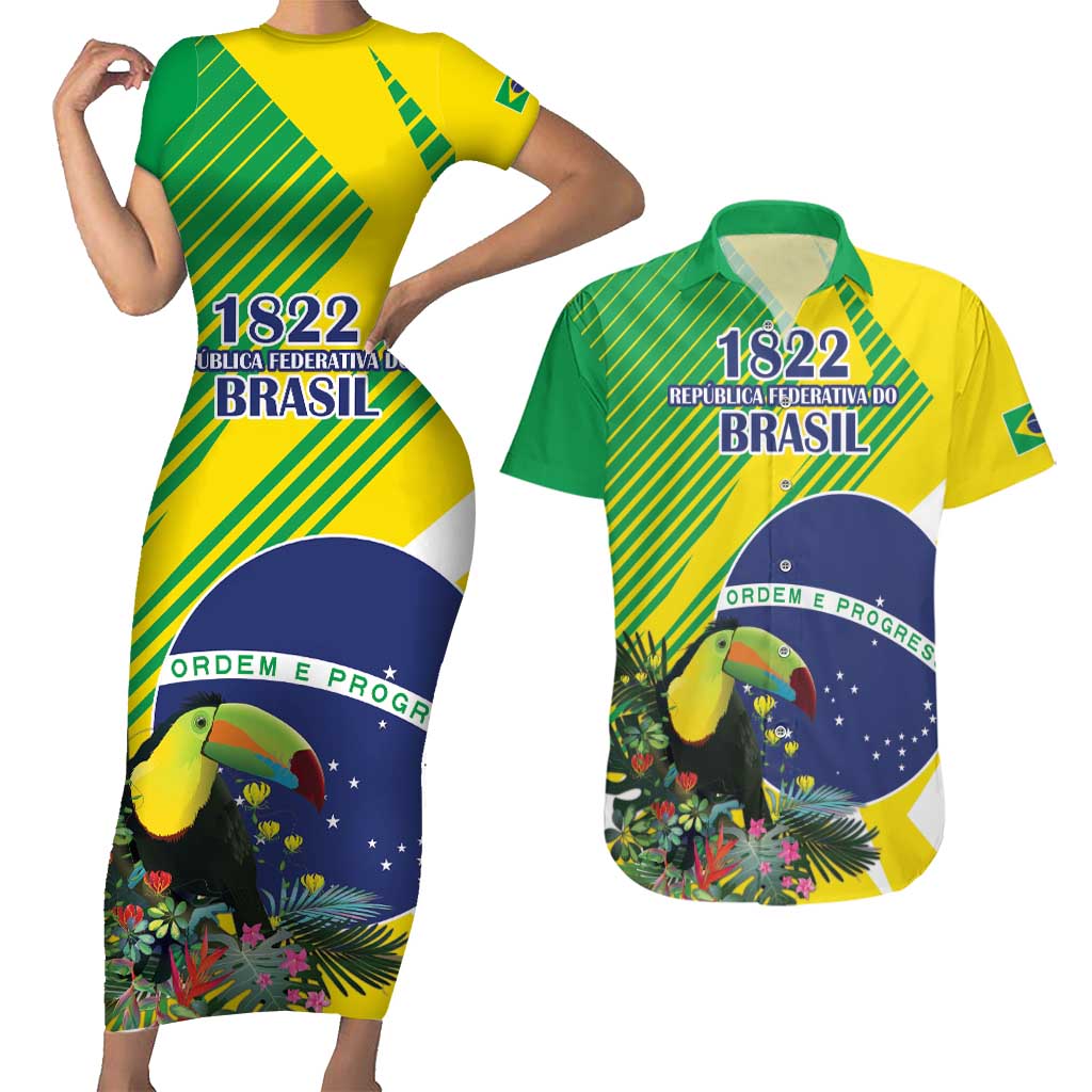 Custom Brazil Independence Day Couples Matching Short Sleeve Bodycon Dress and Hawaiian Shirt Toco Toucan Ordem e Progresso - Wonder Print Shop