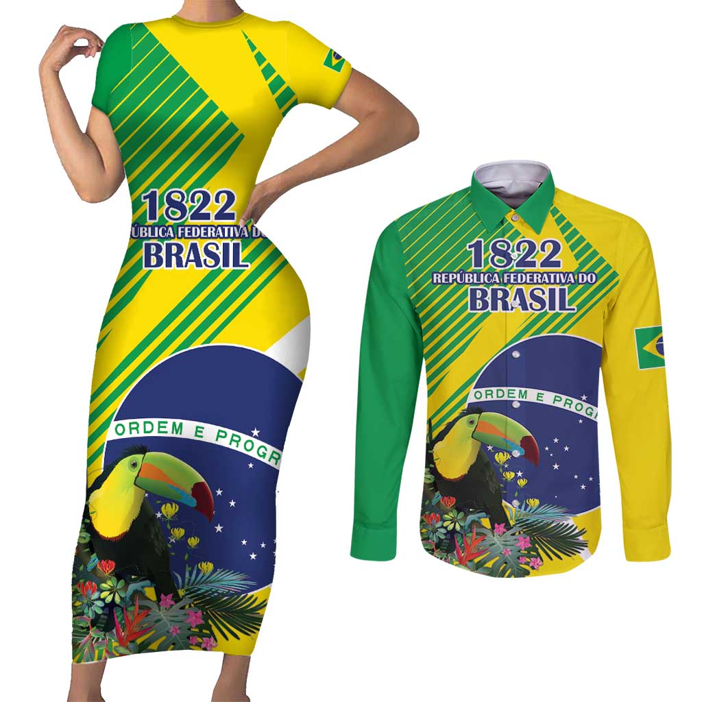 Custom Brazil Independence Day Couples Matching Short Sleeve Bodycon Dress and Long Sleeve Button Shirt Toco Toucan Ordem e Progresso - Wonder Print Shop