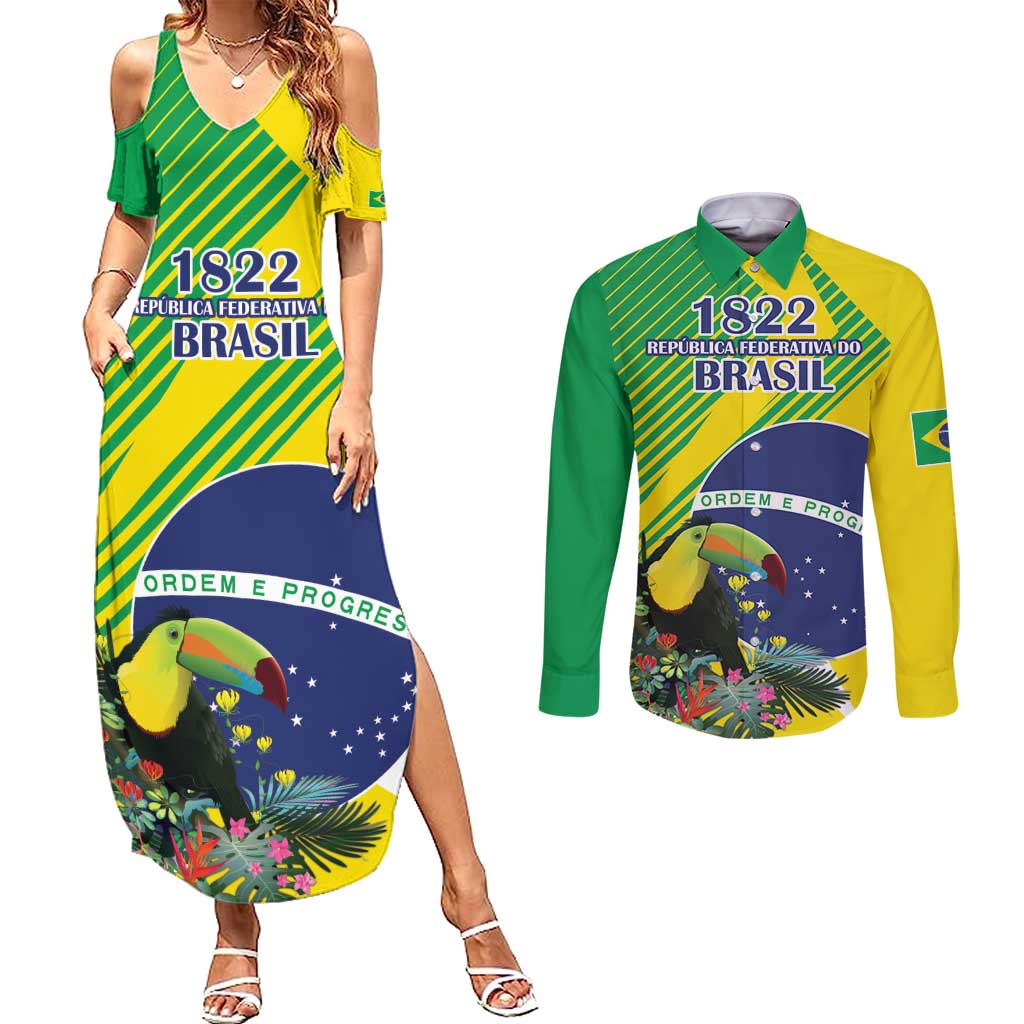 Custom Brazil Independence Day Couples Matching Summer Maxi Dress and Long Sleeve Button Shirt Toco Toucan Ordem e Progresso - Wonder Print Shop