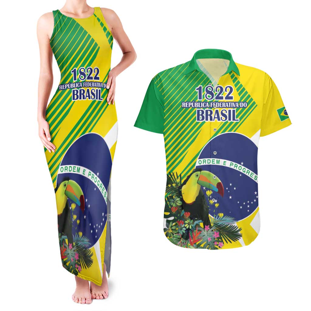 Custom Brazil Independence Day Couples Matching Tank Maxi Dress and Hawaiian Shirt Toco Toucan Ordem e Progresso - Wonder Print Shop