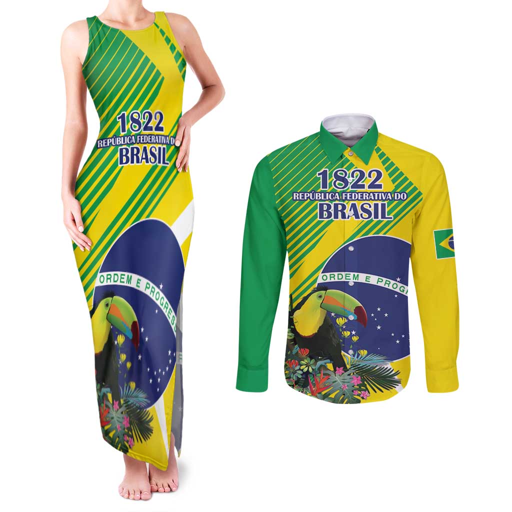 Custom Brazil Independence Day Couples Matching Tank Maxi Dress and Long Sleeve Button Shirt Toco Toucan Ordem e Progresso - Wonder Print Shop