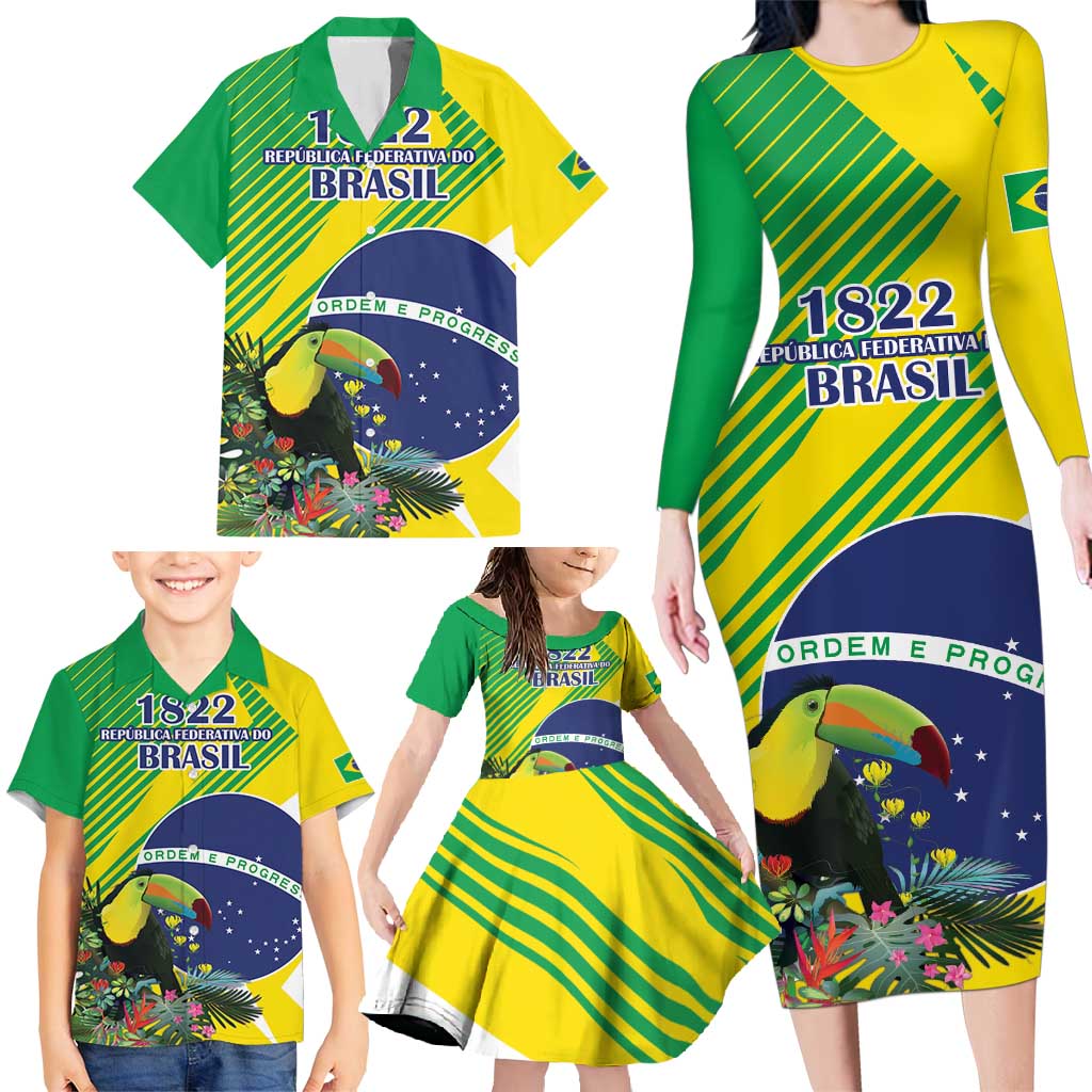 Custom Brazil Independence Day Family Matching Long Sleeve Bodycon Dress and Hawaiian Shirt Toco Toucan Ordem e Progresso - Wonder Print Shop