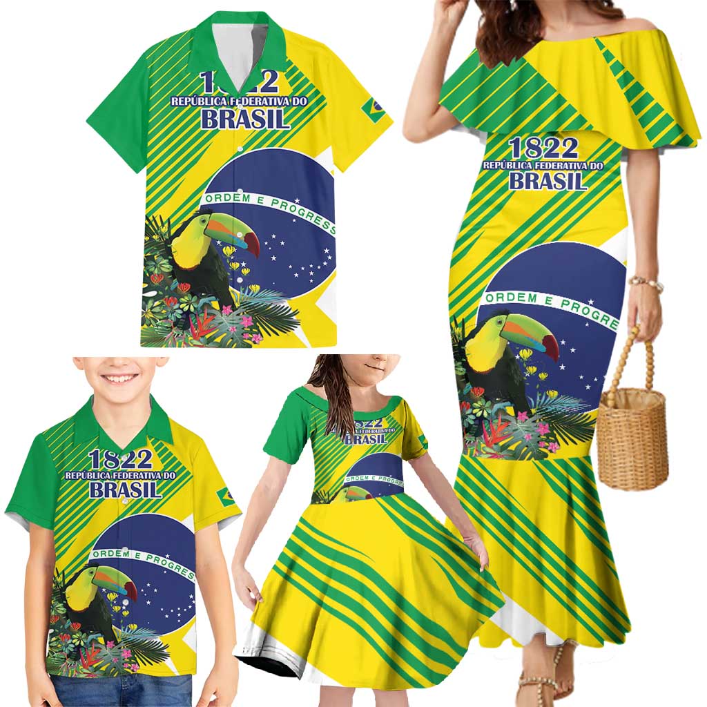 Custom Brazil Independence Day Family Matching Mermaid Dress and Hawaiian Shirt Toco Toucan Ordem e Progresso - Wonder Print Shop