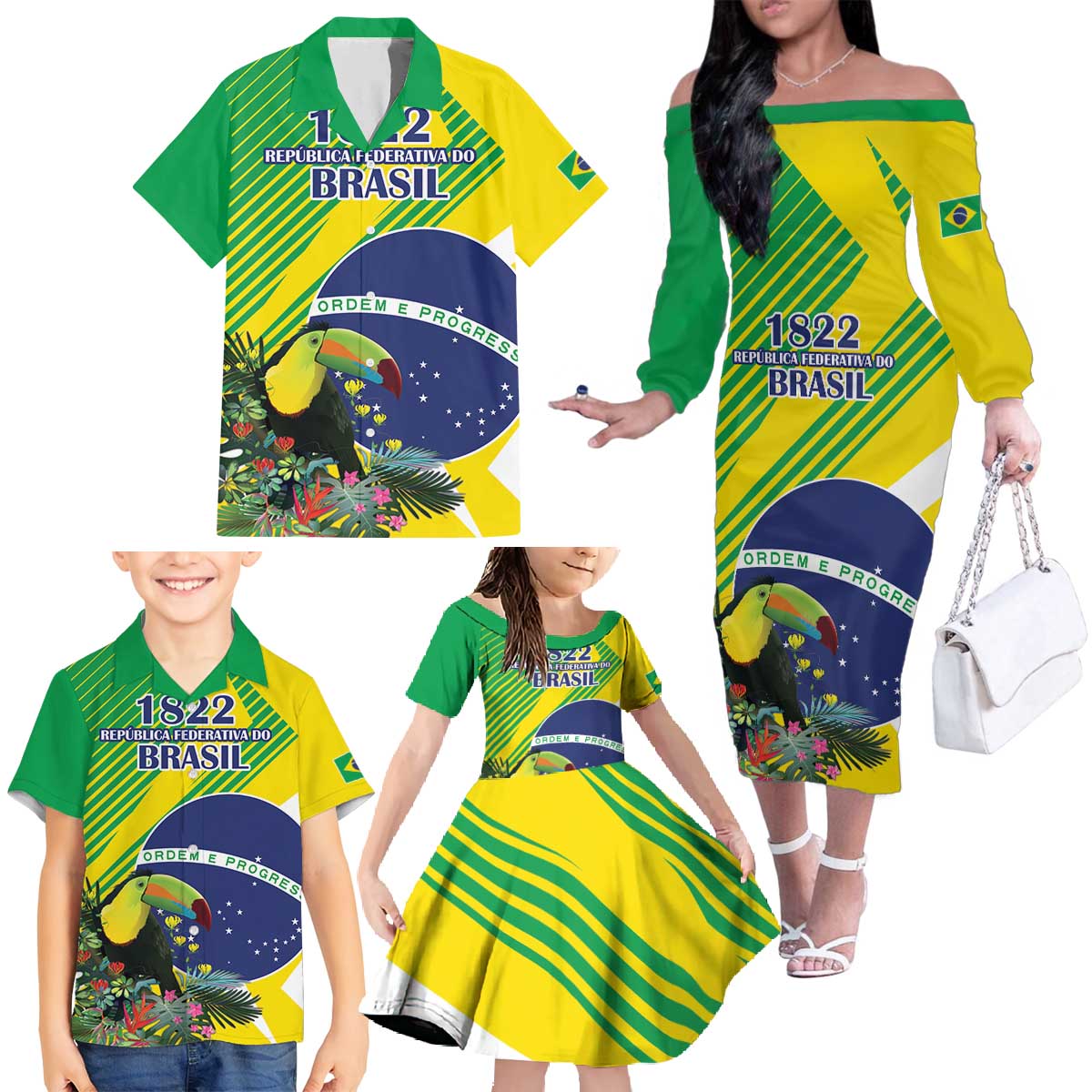 Custom Brazil Independence Day Family Matching Off The Shoulder Long Sleeve Dress and Hawaiian Shirt Toco Toucan Ordem e Progresso - Wonder Print Shop
