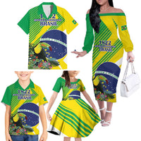 Custom Brazil Independence Day Family Matching Off The Shoulder Long Sleeve Dress and Hawaiian Shirt Toco Toucan Ordem e Progresso - Wonder Print Shop