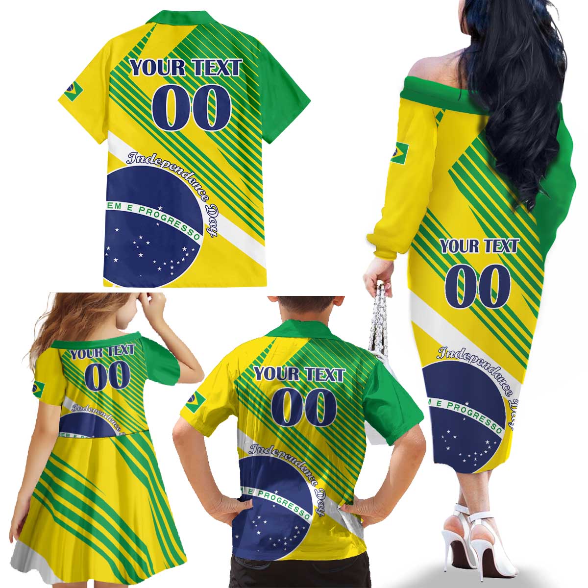 Custom Brazil Independence Day Family Matching Off The Shoulder Long Sleeve Dress and Hawaiian Shirt Toco Toucan Ordem e Progresso - Wonder Print Shop