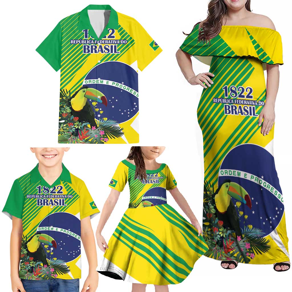 Custom Brazil Independence Day Family Matching Off Shoulder Maxi Dress and Hawaiian Shirt Toco Toucan Ordem e Progresso - Wonder Print Shop